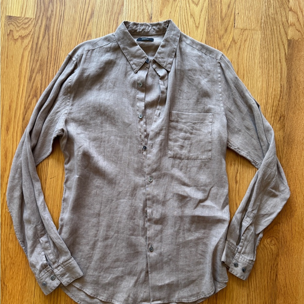 Theory Men's Taupe Linen Button Down Shirt
